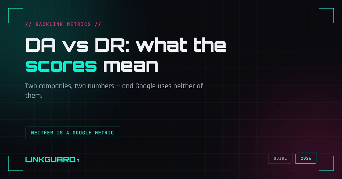 Two gauges side by side, one labelled DA from Moz and one labelled DR from Ahrefs, showing different needle positions for the same website to illustrate that the two third-party scores disagree