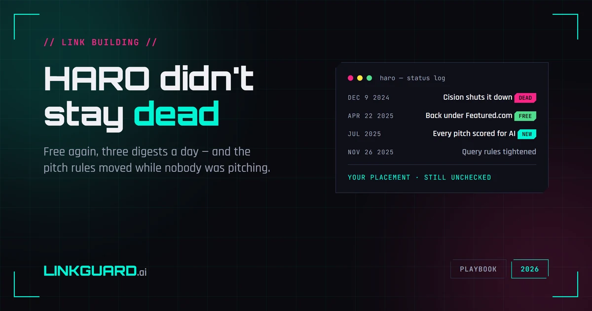 A status log: HARO shut down December 9 2024, back free under Featured.com April 22 2025, pitches scored for AI from July 2025