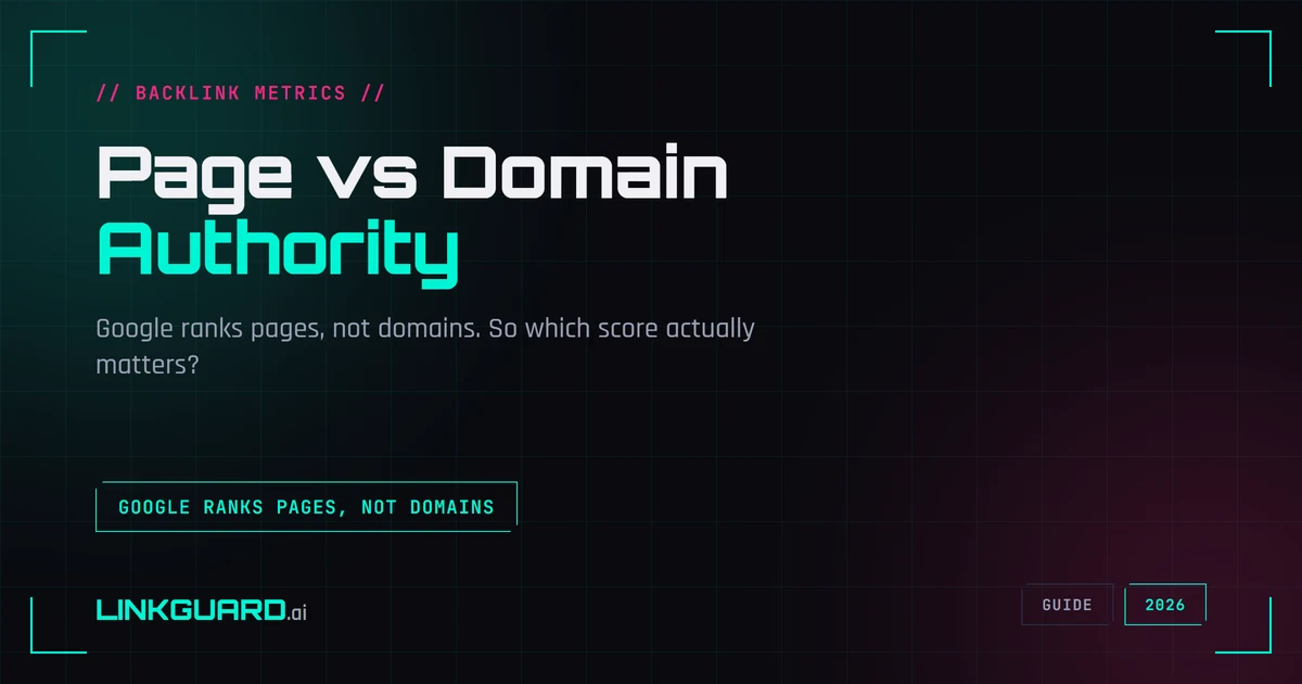 Two gauges side by side labelled Page Authority for one page and Domain Authority for a whole site, illustrating that Google ranks individual pages, not domains