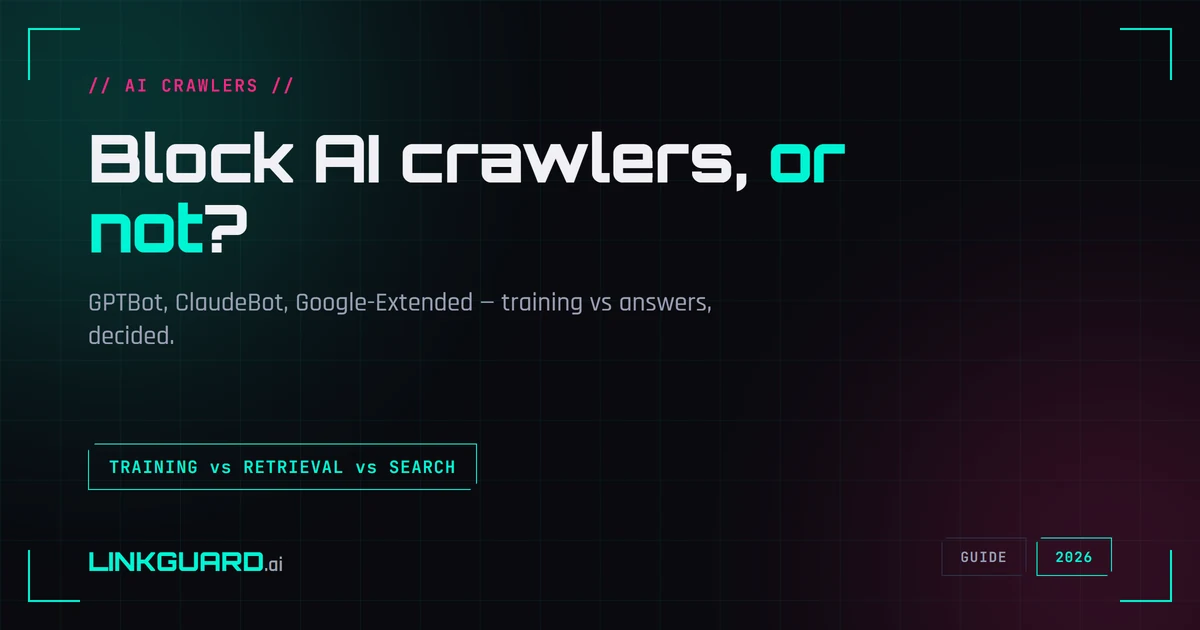 A robots.txt gate allowing AI search and retrieval bots through while blocking the model-training crawlers, illustrating the training-versus-answers tradeoff