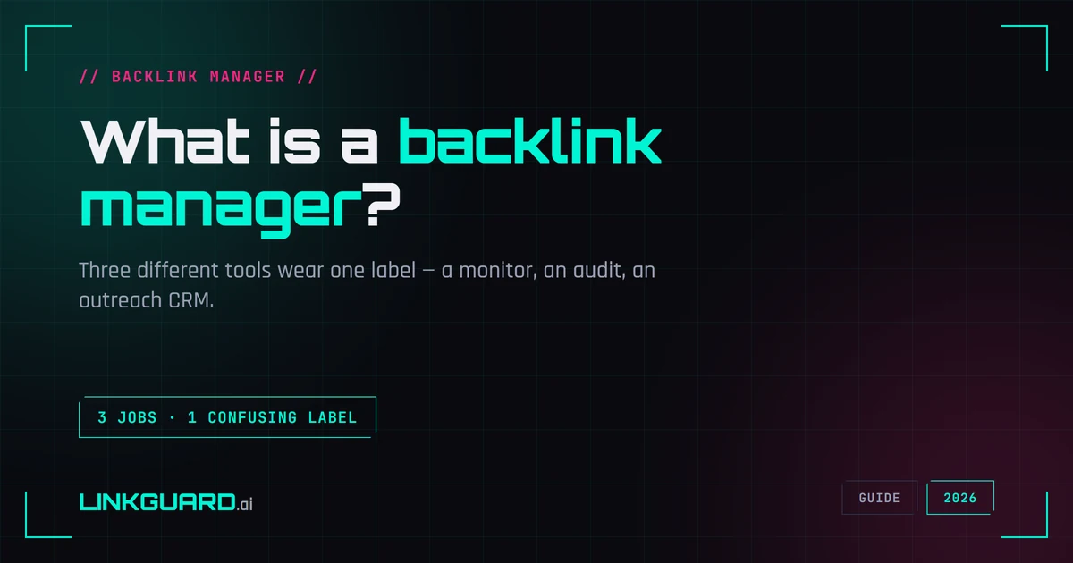 Backlink manager as three tools under one label — a monitor watching existing links, an audit scoring toxicity, and an outreach CRM earning new links — LinkGuard