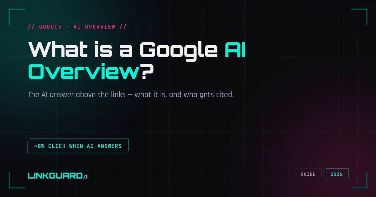 A Google AI Overview box at the top of search results, showing a generated summary with several cited source links above the regular blue links
