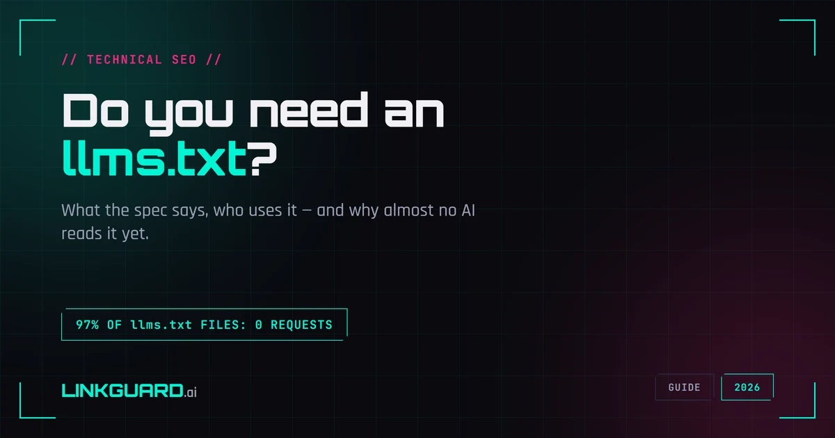An llms.txt file at a website root being walked past by AI crawler bots, illustrating that the file is rarely requested