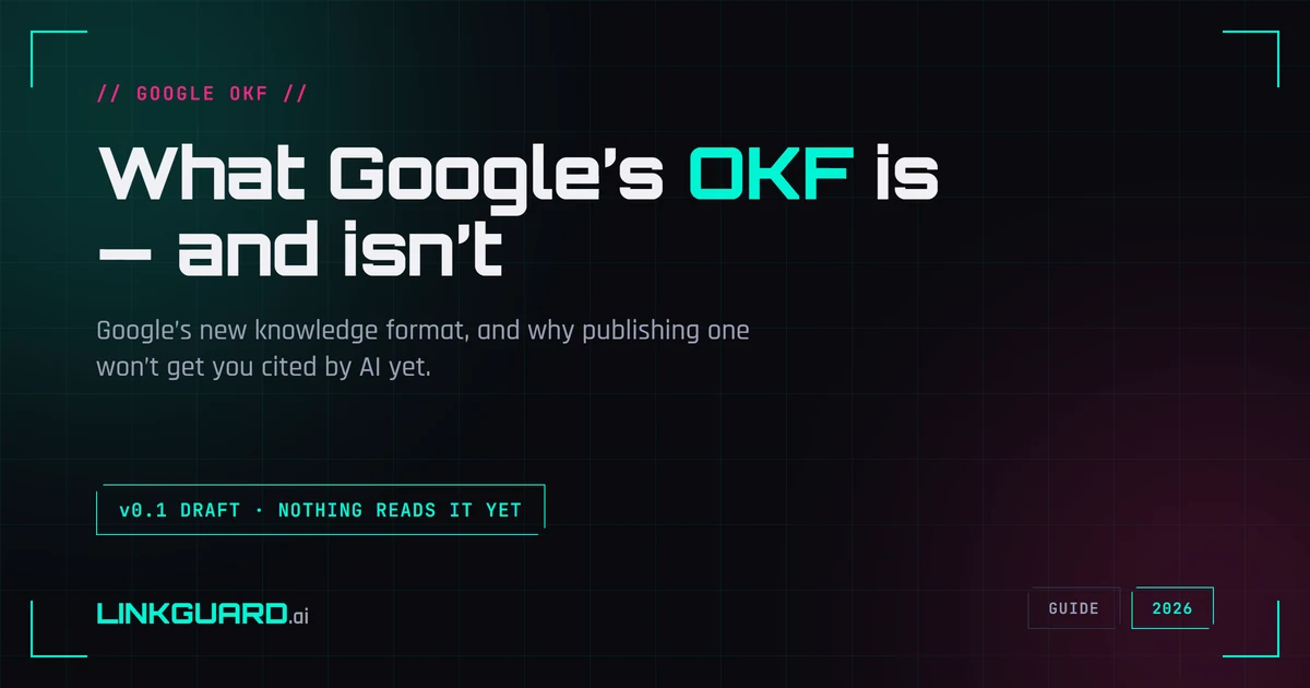A folder of linked Markdown files labelled OKF pointing inward to a company's own AI agent while web crawlers pass by outside, showing OKF is an internal knowledge format, not an AI-search signal